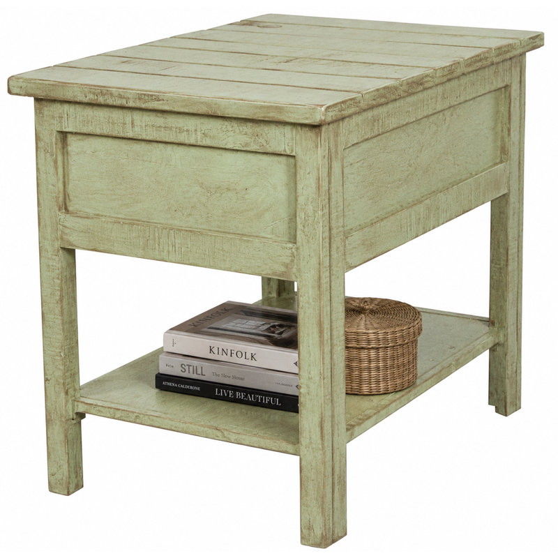 Canales Solid Wood End Table with Storage, Rustic Aquamarine