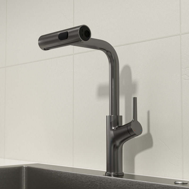 Stainless Steel Pull Out Kitchen Sink Faucet 4-Function Single Handle Swivel Sink Faucet, Matte Black