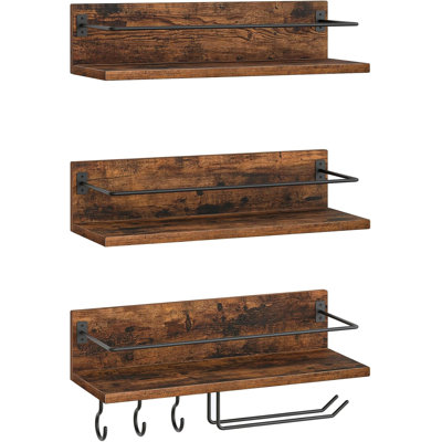 Wall Mounted Wine Rack 3 Pack, Wine Shelf Hanging Floating Wall Shelves, Wine Glass Bottle Rack Stemware Holder,  Rustic Brown and Black