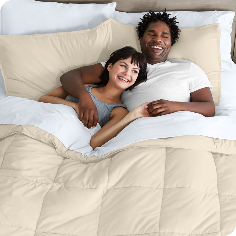 Lit dans un sac en microfibre 1800 de qualité supérieure 1800, Sable / blanc, Édredon divisé très grand et 6 pièces supplém