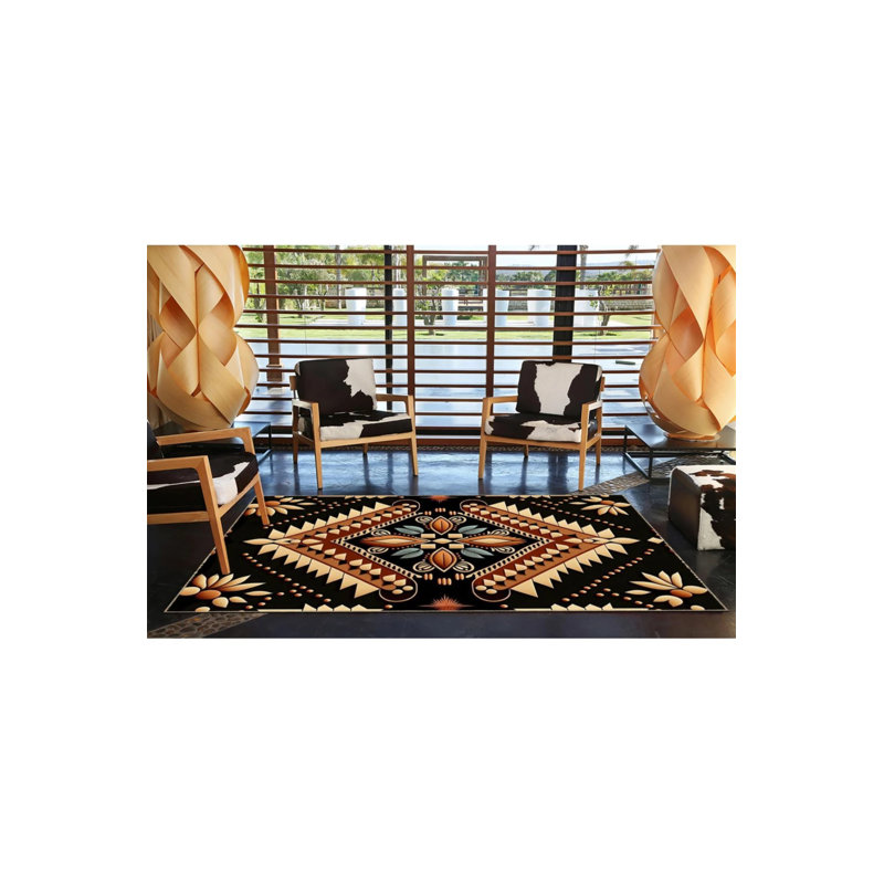 Black Themed Motif Ethnic Floral Patterned Vintage Decorative Carpet, Rectangle 4' x 5'11"