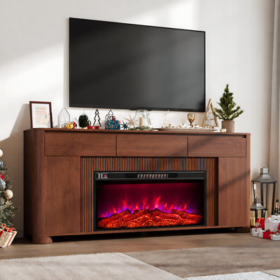 70" Fireplace TV Stand with 42" Electric Fireplace, Fits TVs up to 80", Coloured LED Lights and Rounded Corner Design, Walnut