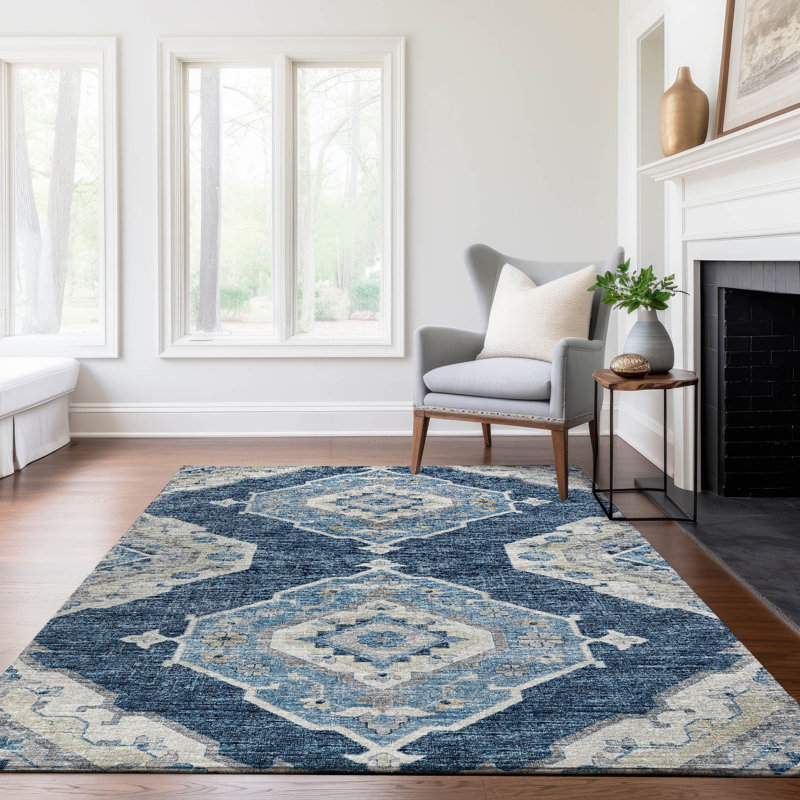Premium Machine Washable Andreau AMF91 Blue Rug, Rectangle 2'6" x 3'10"