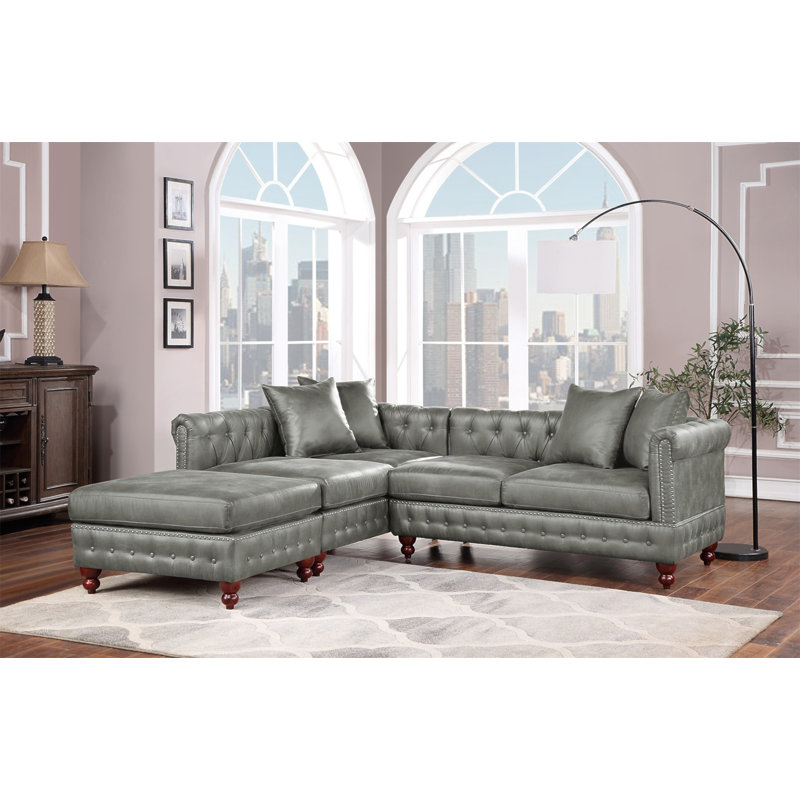Ensemble de canapé modulaire 3 pièces réversible en similicuir respirant gris ardoise et 2 coussins de canapé capitonnés et 1 repose-pieds