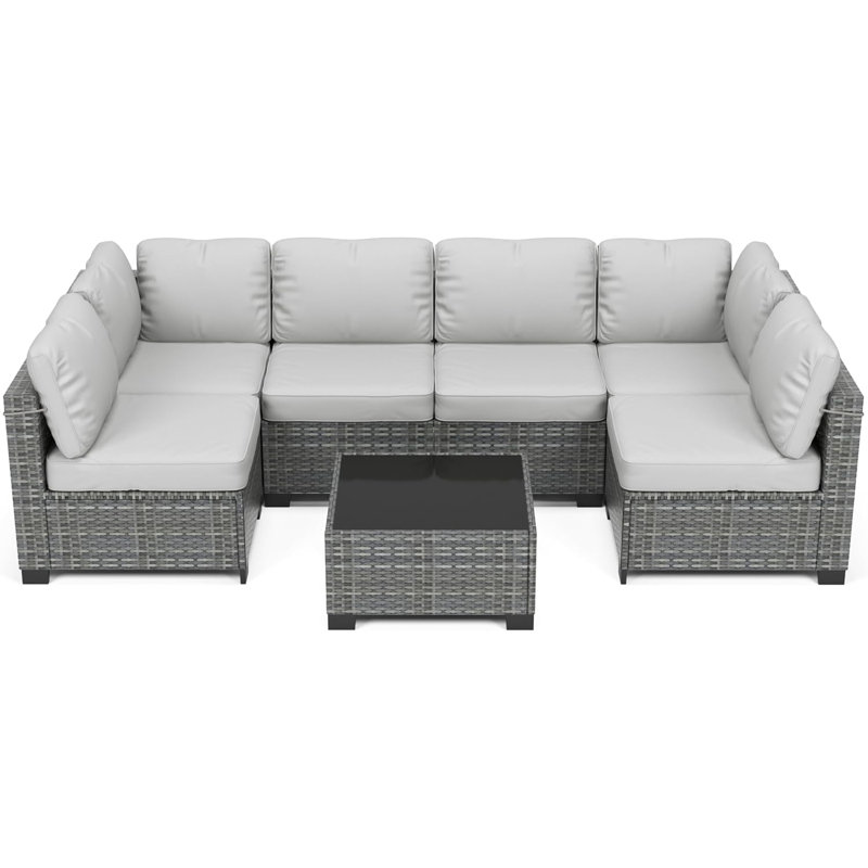 7 Pieces Outdoor Patio Furniture Set, Wicker Sectional Sofa Set Modular Conversation Couch Set with Cushions & Coffee Table