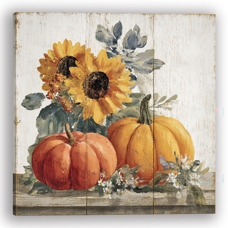 Tournesols et citrouilles, art mural sur toile, H 20 po x l 20 po