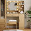 Bureau de coiffeuse avec miroir et ampoules à DEL, coiffeuse à maquillage moderne avec prise de courant, étagère de rangement, support pour séchoir à cheveux et tabouret rembourré, 3 modes d'éclairage réglables, ensemble de coiffeuse pour la chambre à coucher-1912155831
