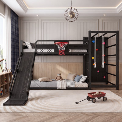 Twin Xl Size Bunk Bed With Basketball Hoop, Pull-up Rings And Climbing Wall, Twin Bunk Bed With Slide And Bookcase, Heavy Duty Bunk Beds With Guardrail, Black