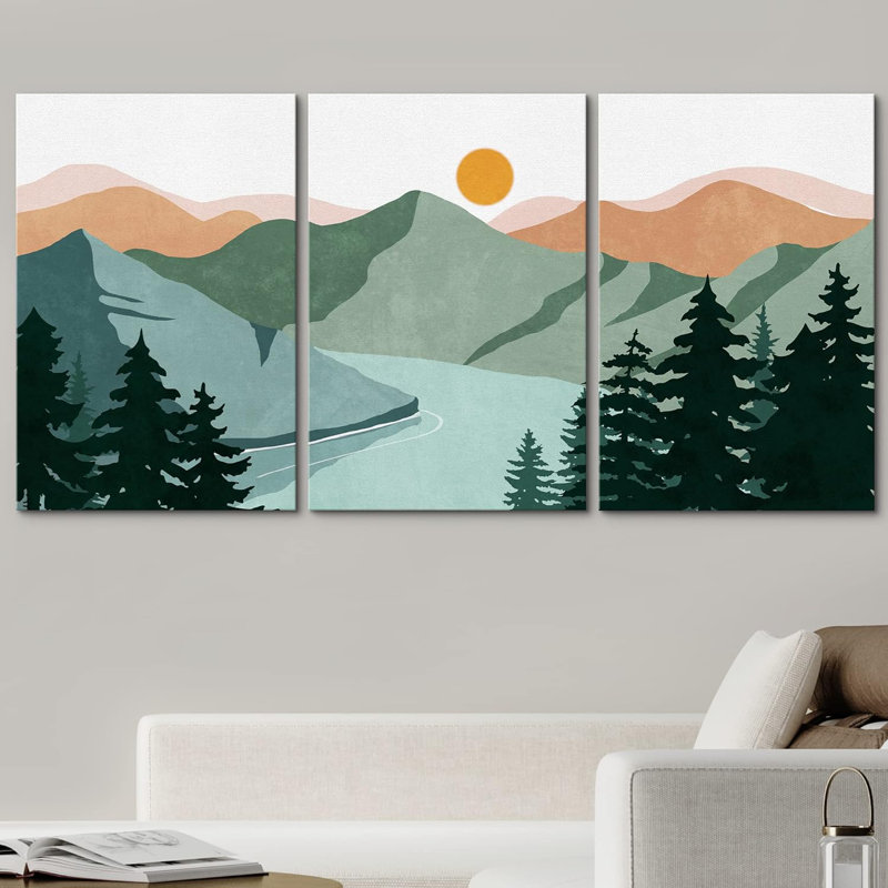 «Pastel Green Mountain Forest River», reproduction sur toile 3 pièces, H 24 po x l 48 po x P 1,5 po, Toile tendue