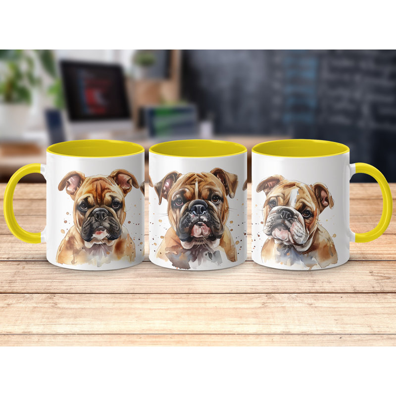 11oz Watercolour English Bulldog Trio Design Coffee Mug, 3, Yellow