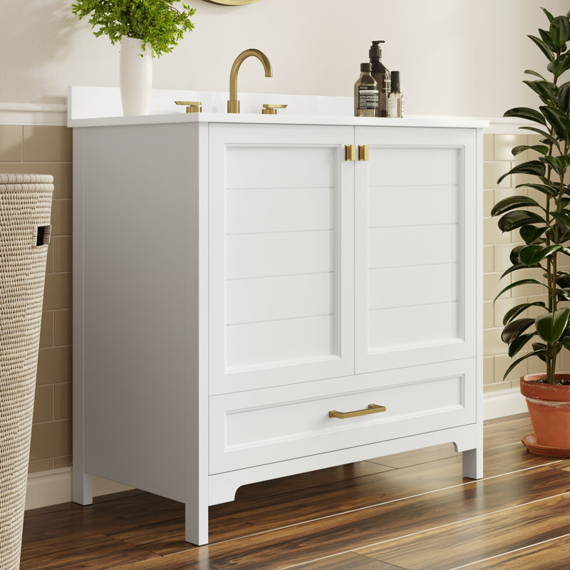 Meuble-lavabo de salle de bain avec lavabo encastré, armoire et tiroir, Blanc, Or