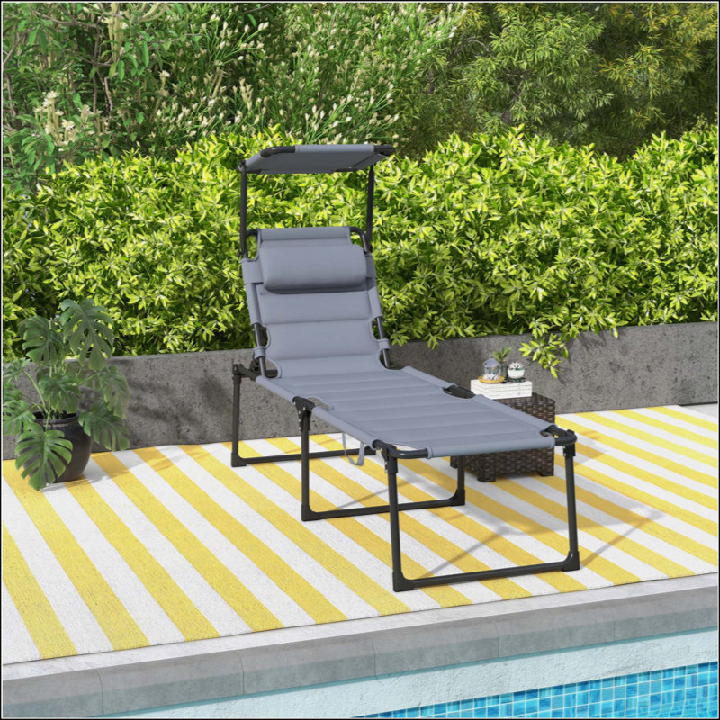 Chaise longue d'extérieur, chaise longue pliante à dossier réglable, chaise de bronzage rembourrée avec toit pare-soleil et appui-tête pour plage, camping, randonnée