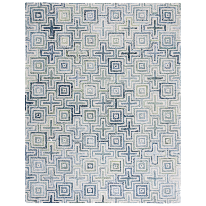Gladies Geometric Handmade Tufted Ivory/Blue Area Rug, Rectangle 8' x 10'