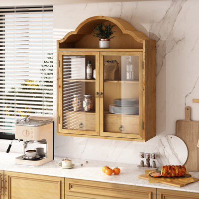 Armoire murale rétro en bois massif vieilli rustique avec plateau ondulé élégant, pour la salle à manger, la cuisine, le salon et la salle de bain