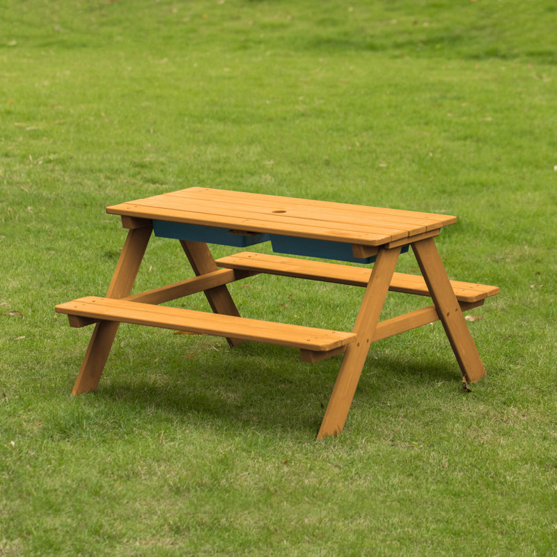 Takuo Convertible Wooden Sand and Water Table for your Toddlers Outdoor Playset Featuring 2 Play Box and a Removable Top that Transforms into Kids Picnic Table - Teak Stained