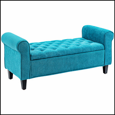 5" Storage Ottoman Bench, Upholstered End of Bed Bench with Rolled Arms, Wood Legs, Button Tufted Storage Bench with Safety Hinges for Living Room, Entryway, Bedroom