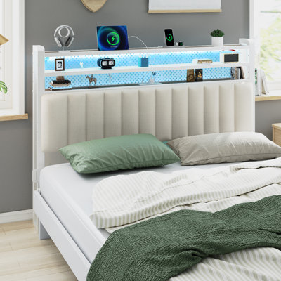 King Size Headboard, Adjustable Upholstered Headboard With 3 Tier Shelves And Pegboard With Charging Stations And LED Lights, Modern Bed Headboard With Storage Linen And White