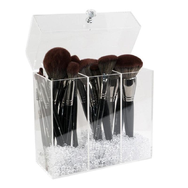 Diamond Collection Makeup Brush Holder with 3 Compartments Acrylic Organizer Elegant Silver Accents