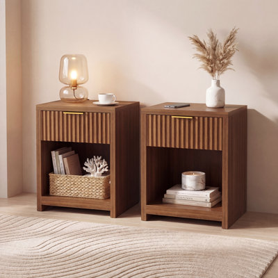 Fluted Nightstand Set of 2, Modern Mid-Century Bedside Table with Thickened Board, Silent Glide Drawer & Gold Metal Handles, Large Wide End Table for Bedroom Living Room Office, Walnut