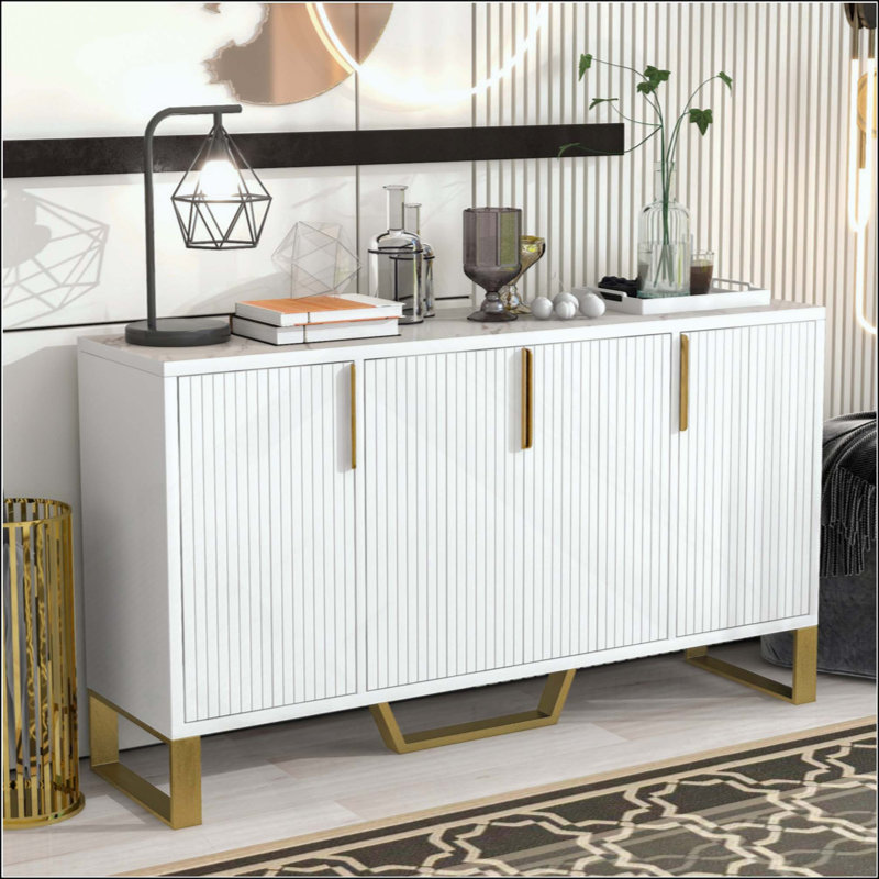 Modern Sideboard With Four Doors, Metal Handles & Legs And Adjustable Shelves Kitchen Cabinet, White