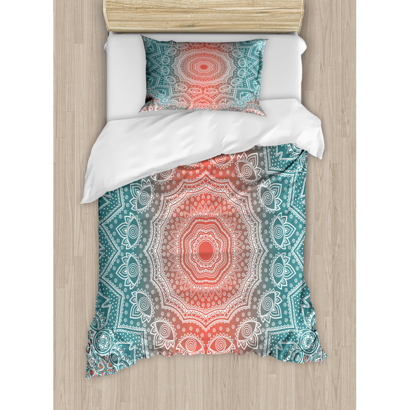 Twin Coral and Teal Mandala Duvet Cover Set