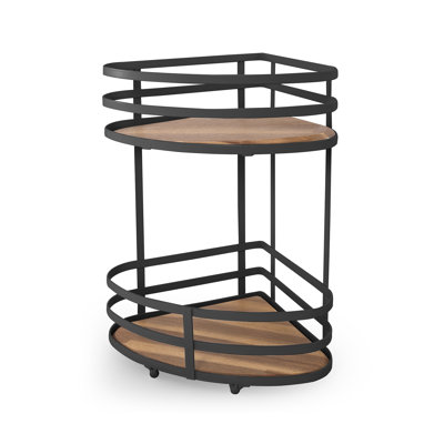 2-Tier Corner Countertop Bathroom Caddy with Acacia Wood Accents In Matte Black