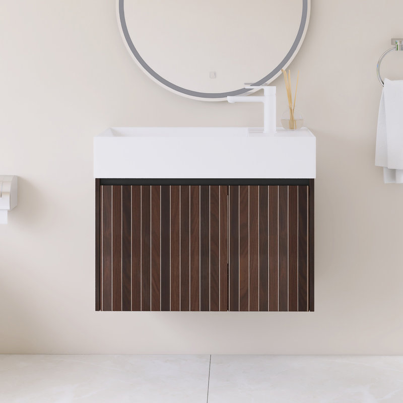 30" Wall-Mounted Single Bathroom Vanity With White Resin Integrated Top, 30", Brown