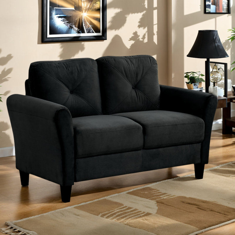 Canapé modulaire en velours noir à 2 places pour chambre de petit espace, avec coussins en mousse de soutien, bureau ou salon à ressorts en U renforcé, avec inclinaison légère