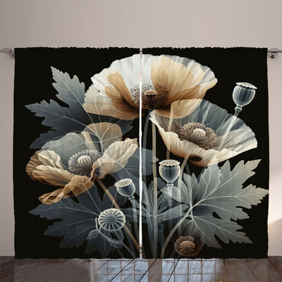 Ambesonne Curtains 2 Panel Set, Dreamy Poppy Flowers Leaves, Laurel Green Black Tan -  p_sd2006_108x84