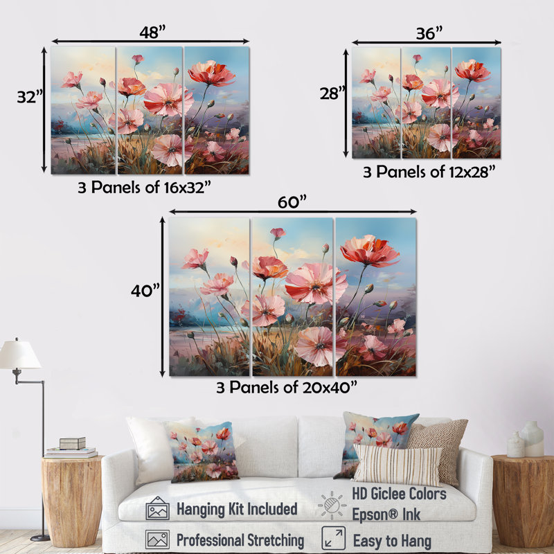 Mauve Œillets de campagne charmante III - ensemble de reproductions d'art mural, Toile tendue, H 28 po x l 36 po x P 1 po