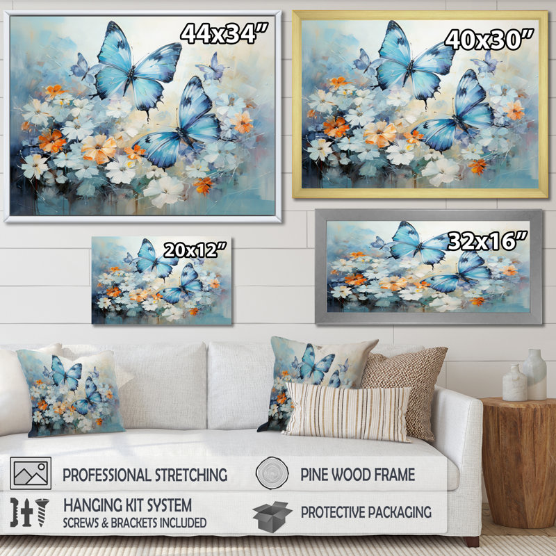 «Beshir Blue White Butterfly Symphony», art mural papillon, H 34 po x l 44 po x P 1,5 po, Cadre photo noir