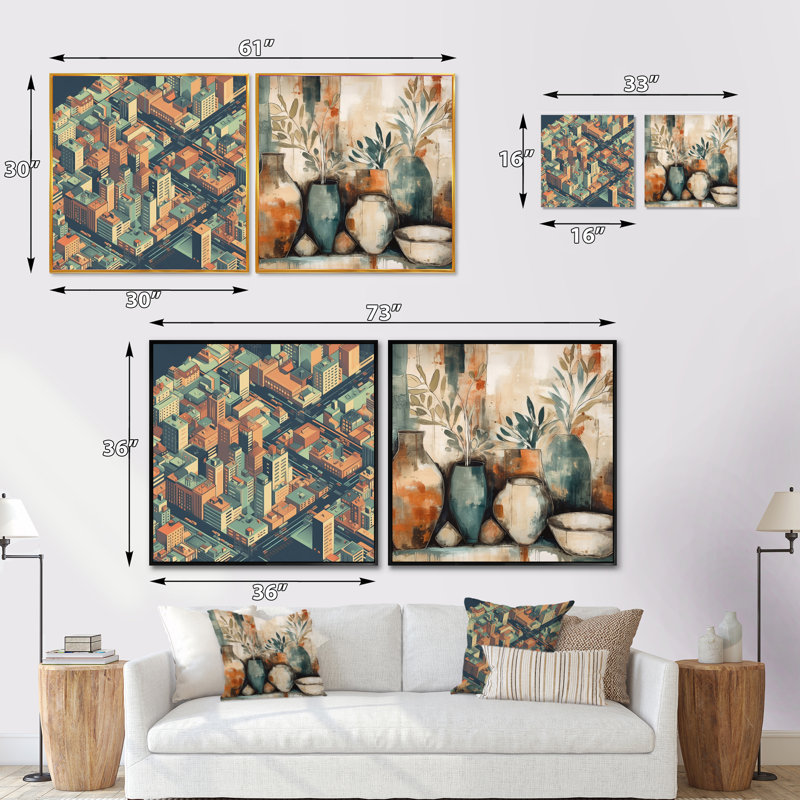 Abstractions urbaines orange et vertes - ensemble de 2 collages abstraits carrés, Toile tendue, H 36 po x l 73 po