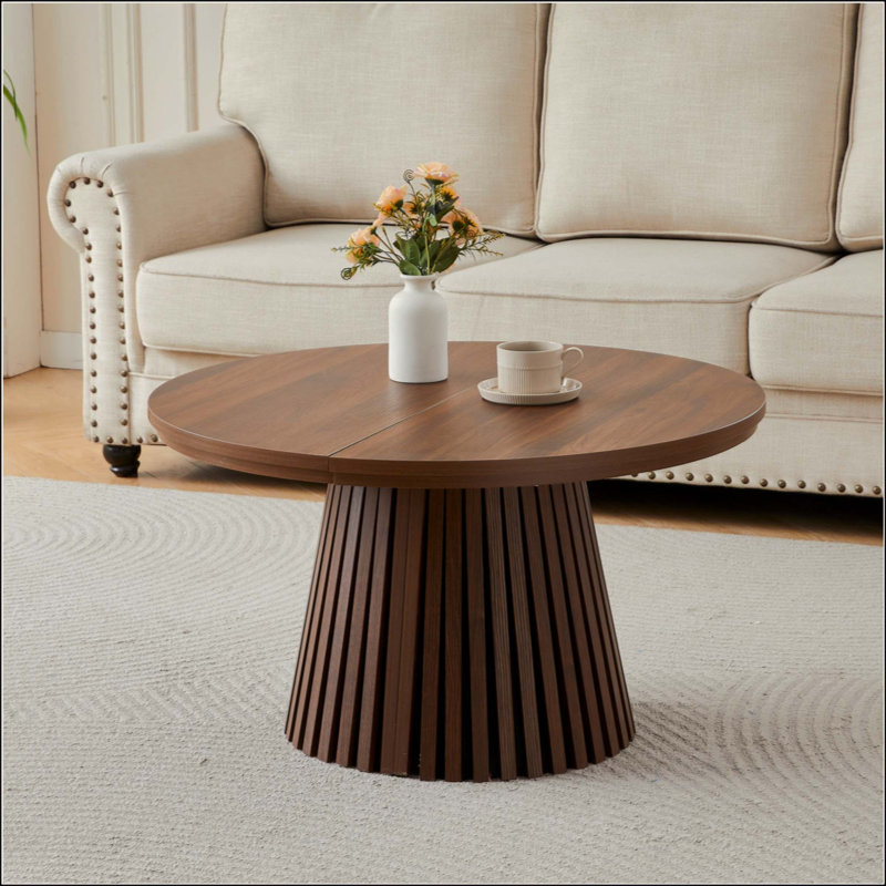 Table basse en bois ronde en bois, flexible et extensible, multifonctionnelle et peu encombrante, conception ovale à la mode et pieds à lattes, table à thé ou bureau, table de salon moderne