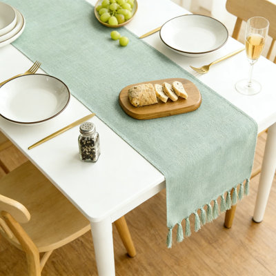 Boho Table Runner With Tassel Trim, Linen-Blend Rustic Farmhouse Style Decoration For Dining Table, Kitchen, Holiday, And Wedding Parties