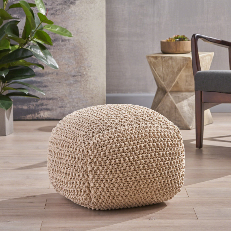 Corin 20.5" Wide Cotton Knit Square Pouf, Beige
