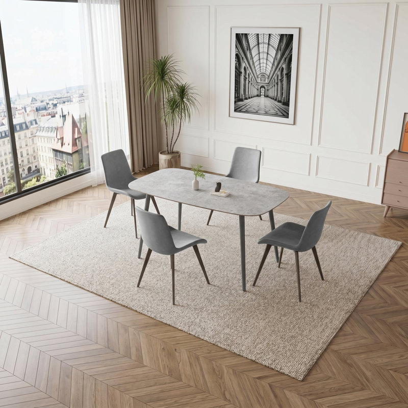 55'' Rectangular Modern Kitchen Dining Table with 4 Upholstered Dining Chairs, Gray, Gray