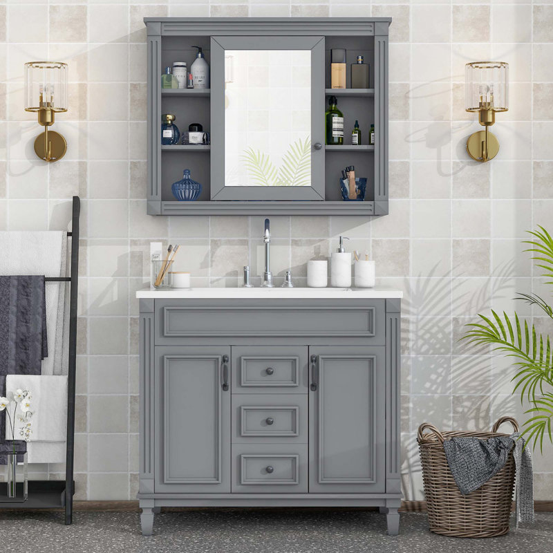 36'' Bathroom Vanity With Top Sink And Mirror Cabinet And Mirror Cabinet, Gray
