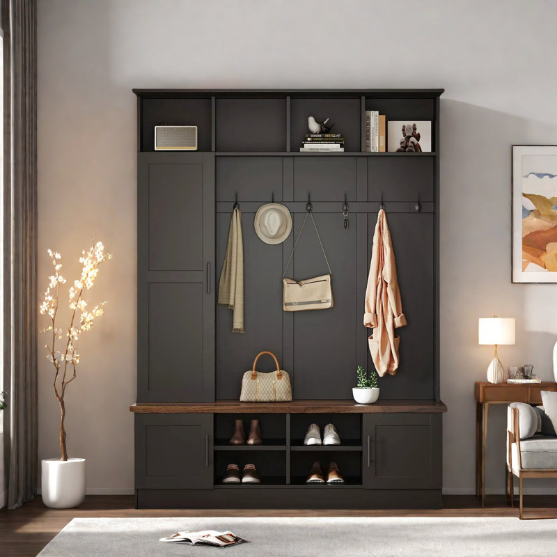3-in-1 Hall Tree With 6 Hooks, Bench, Left Cabinet With Adjustable Shelves And Open Compartments, Black