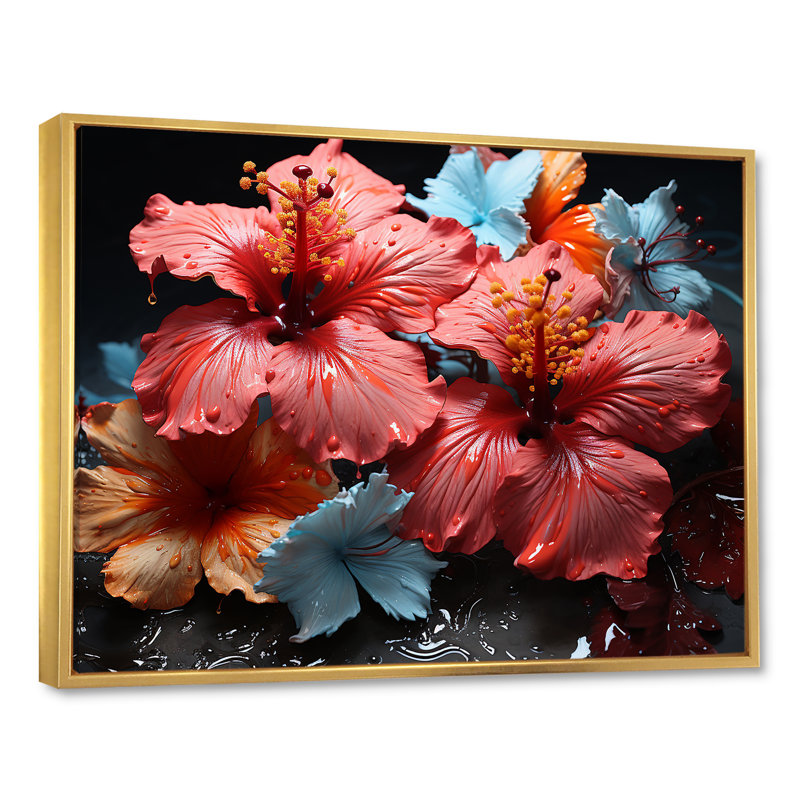 Hibiscus en fleurs sur verre, H 30 po x l 40 po x P 1,5 po, Cadre flottant doré