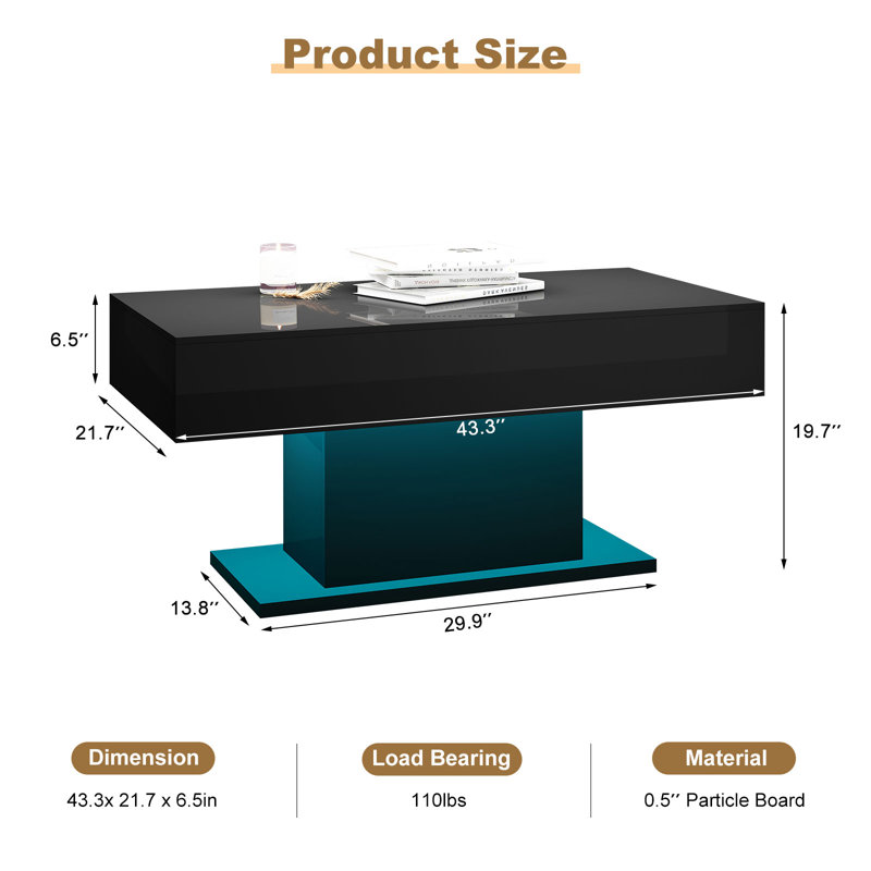 Horacio High Gloss Coffee Table With 16 Colors LED Lights,19.7'' H X 43.3'' W X 21.7'' D, Black