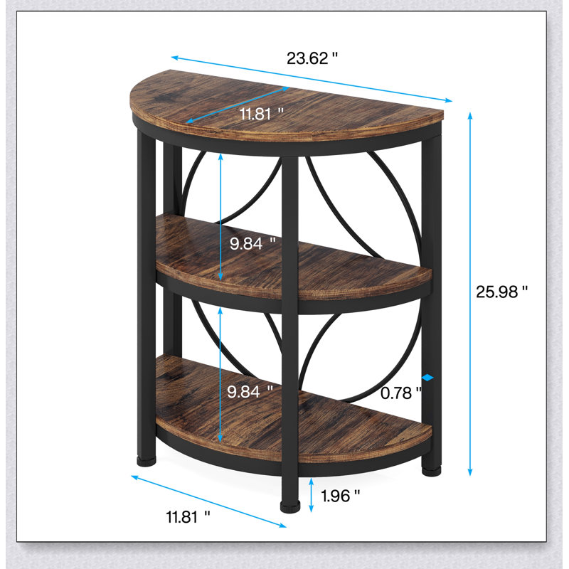 Table de bout de style demi-lune 23,62 po à 3 niveaux avec tablettes de rangement, peu encombrante et élégante pour le salon, la chambre à coucher et le vestibule