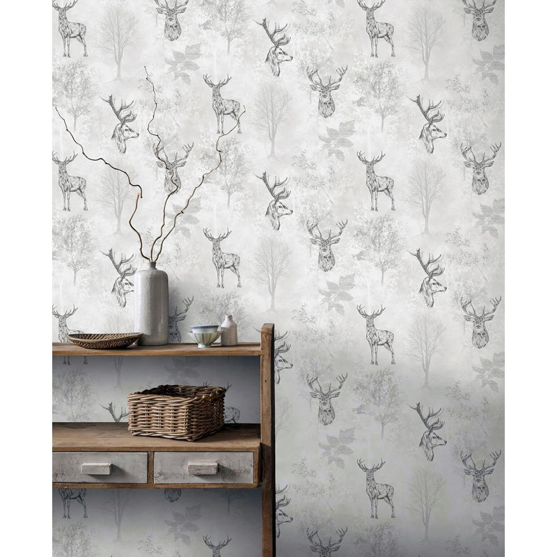 Ambania Stag Mono Black Etched Stag Designs Metallic Wallpaper 10.5m x 53cm Roll