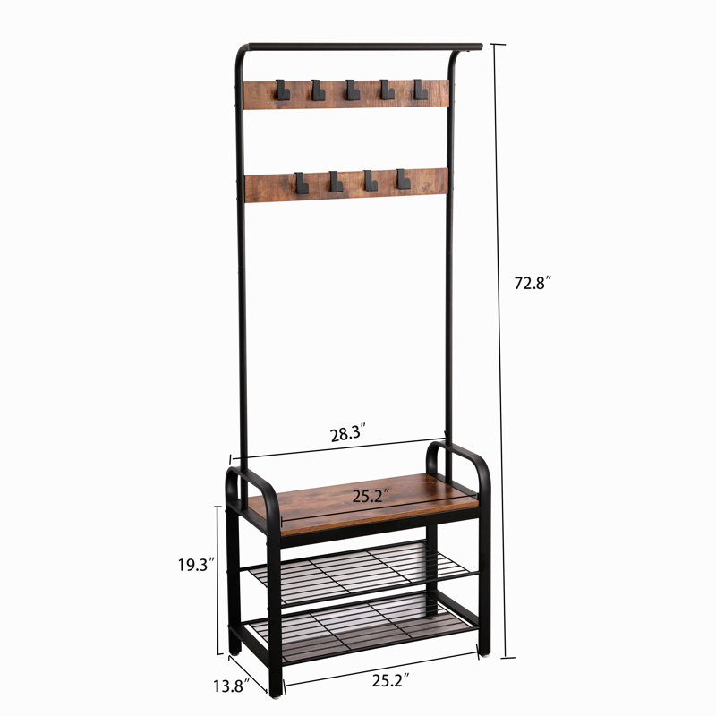 Coat Rack, Hall Tree With Shoe Bench For Entryway, Entryway Bench With Coat Rack, 4-In-1, With 9 Removable Hooks, A Hanging Rod