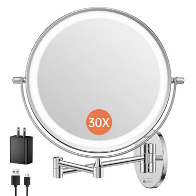5000mAh Rechargeable Wall Mounted Makeup Mirror with Lights, 9" Double Sided 1X/30X Magnifying Mirror with Dimmable 3 Color Light, Extended Swing Arm 360° Wall Mount Bathroom Mirror,Chrome