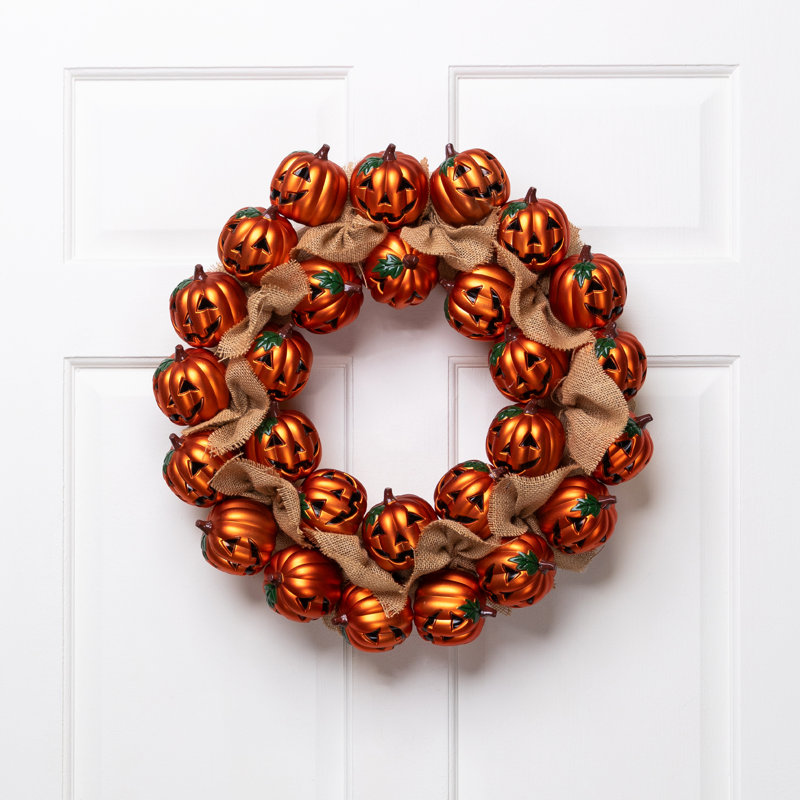 Couronne d'Halloween Jack-O-Lantern et ruban de toile de jute 20 pouces non éclairé