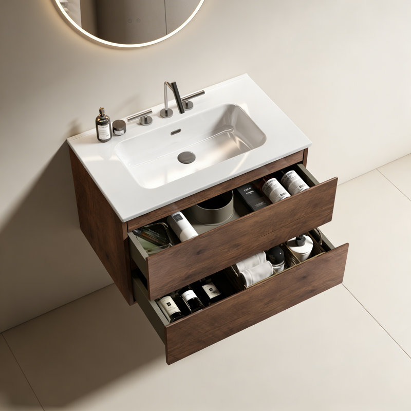 Meuble-lavabo mural avec lavabo en céramique avec trois trous de robinet, grand meuble-lavabo flottant de rangement pour salle de bain moderne, pré-assemblé