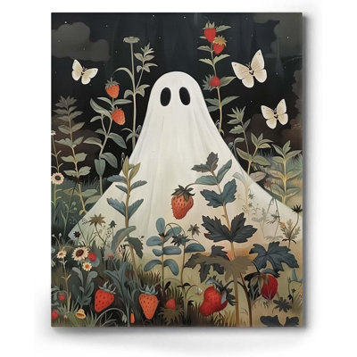  Rétro mur de fleurs d'Halloween fantômes mignons dans un champ de fleurs sauvages, papillon et fraises, impression, peinture murale de fantôme botanique foncé pour salon, chambre à coucher 24 x 30 pouces