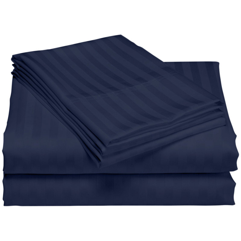 Egyptian Cotton Sateen Striped Sheet Set, Navy, Full Sheet Set with 2 Pillowcases