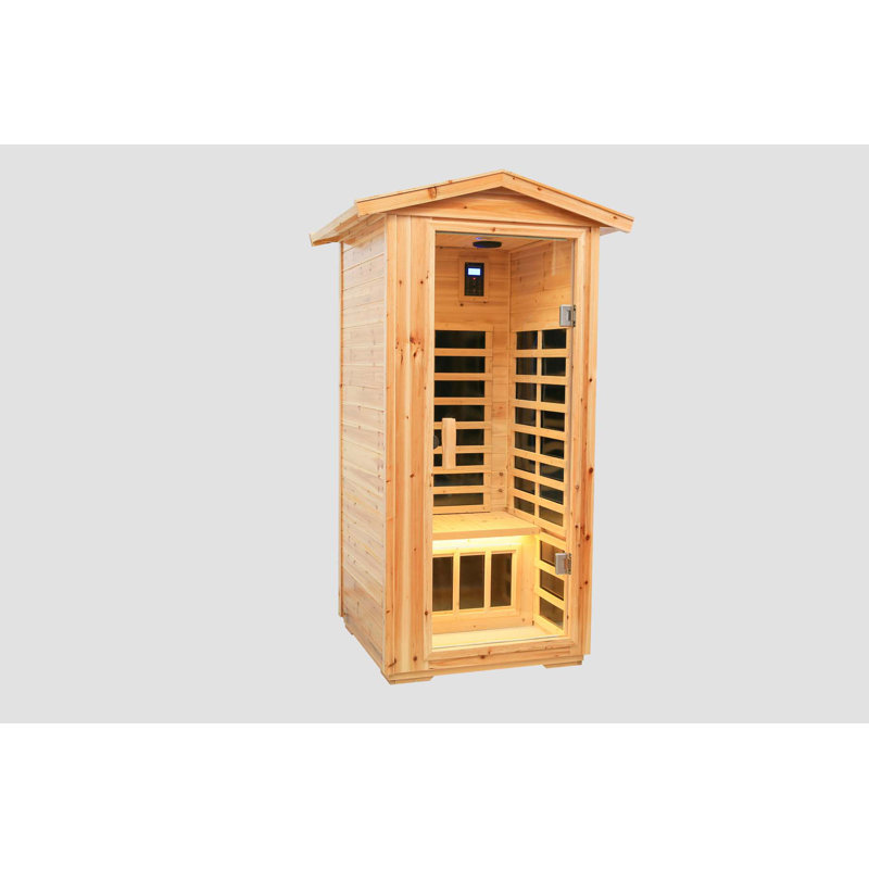 Sauna d'extérieur à infrarouge lointain pour une personne, fait de vieux sapin