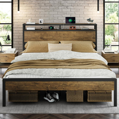 Tryston Bed Frame Industrial Platform Bed with Charging Station